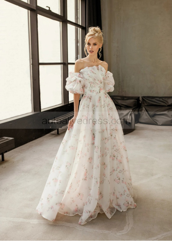 Floral Print Organza Wedding Dress With Removable Puff Sleeves Floral Print Organza Wedding Dress With Removable Puff Sleeves
